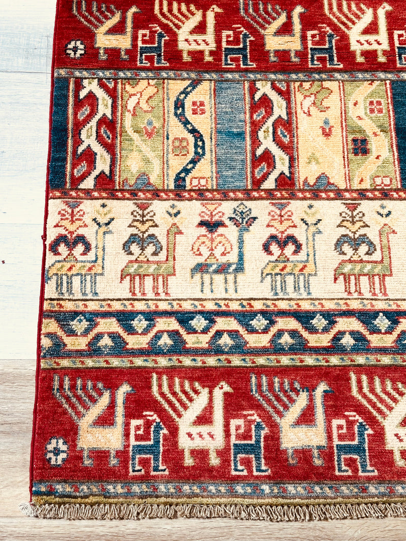 Kazak Tribal Farm Motif Handmade Veggie Dye Rug (550-2065) 165X94CM