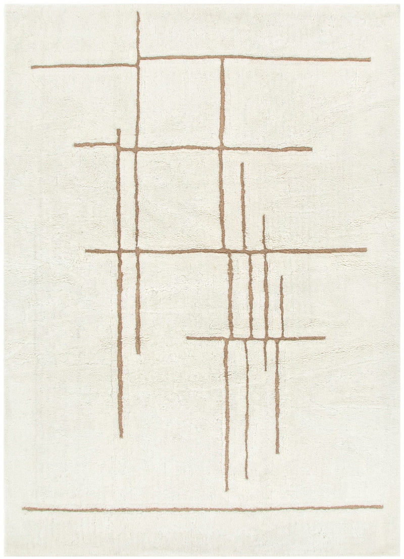 Joy Abstract Beige Lines Washable Soft Wool Rug