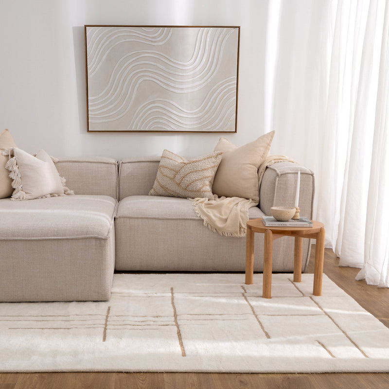 Joy Abstract Beige Lines Washable Soft Wool Rug
