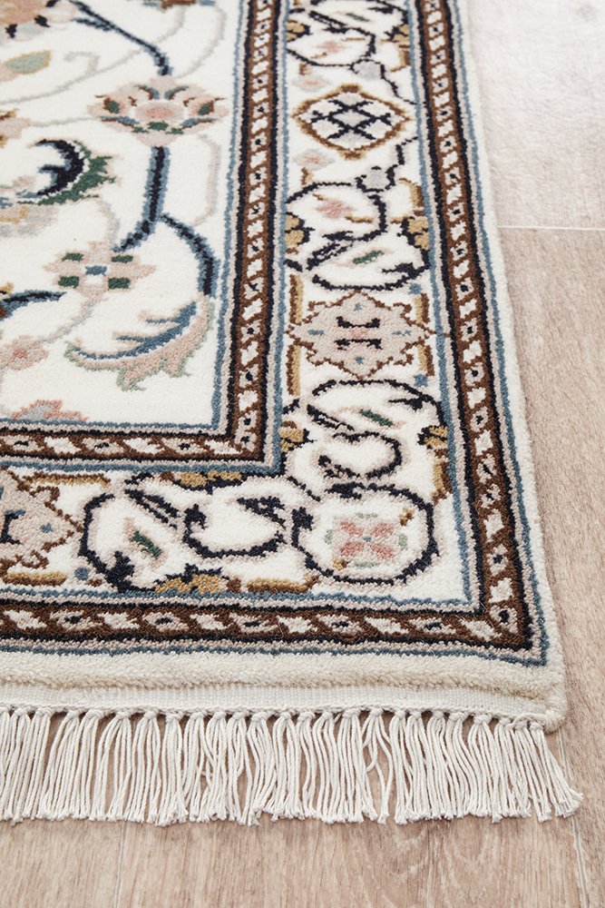 Nain Handmade Garden All Over Indo Cream Wool Runner Rug 402X81CM