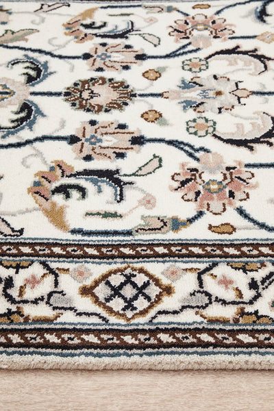 Nain Handmade Garden All Over Indo Cream Wool Runner Rug 402X81CM