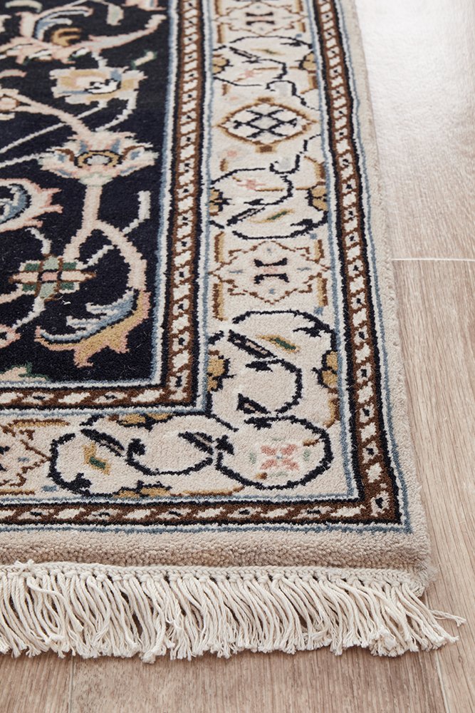 Nain Handmade Garden All Over Indo Navy Wool Runner Rug 596X77CM