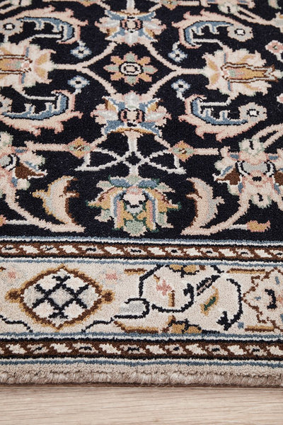 Nain Handmade Garden All Over Indo Navy Wool Runner Rug 596X77CM