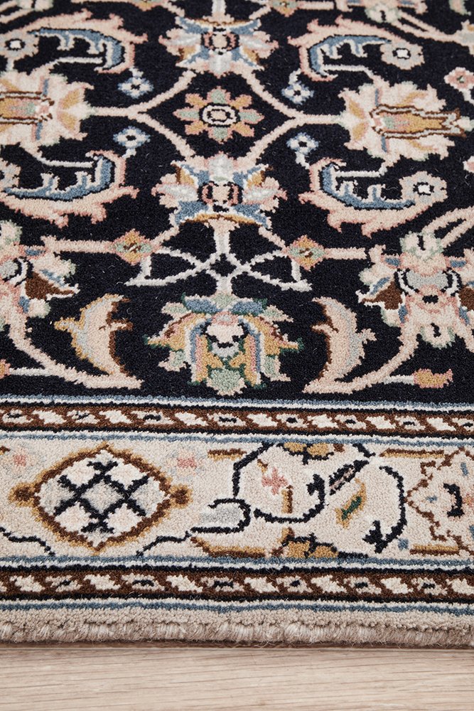 Nain Handmade Garden All Over Indo Navy Wool Runner Rug 596X77CM