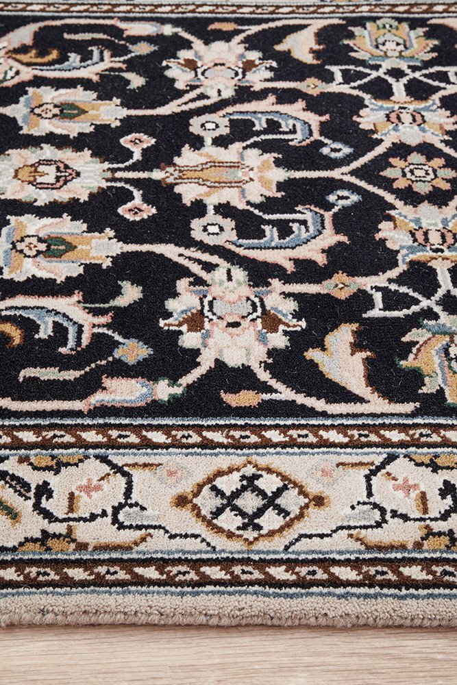 Nain Handmade Garden All Over Indo Navy Wool Runner Rug 501X77CM
