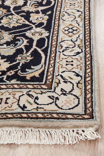 Nain Handmade Garden All Over Indo Navy Wool Runner Rug 296X79CM