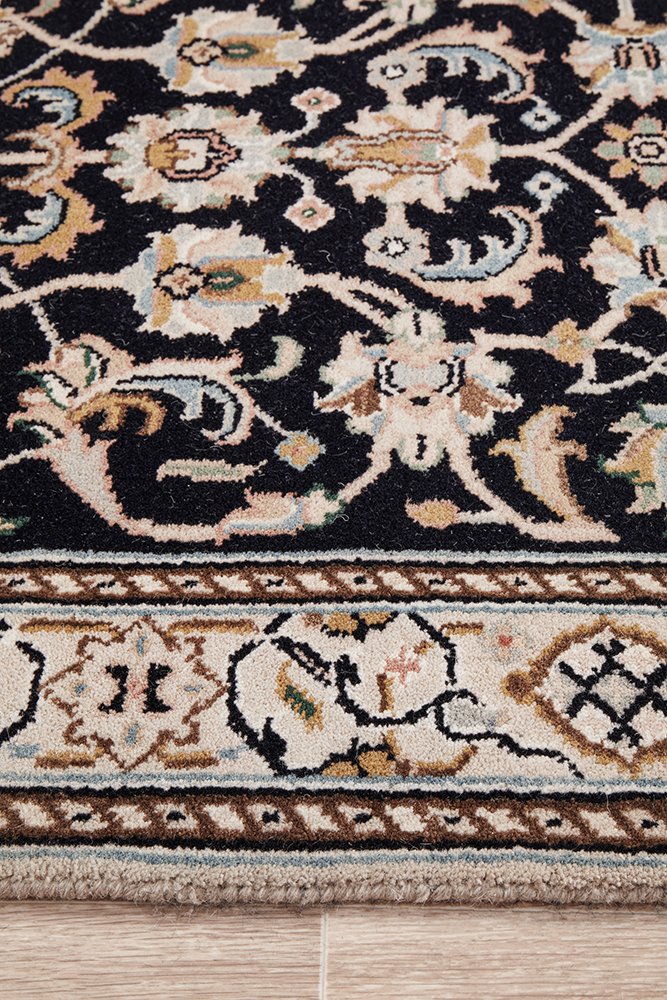 Nain Handmade Garden All Over Indo Navy Wool Runner Rug 296X79CM