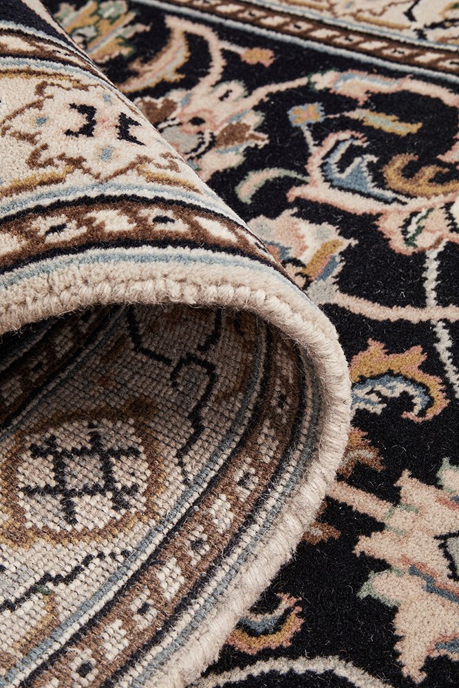 Nain Handmade Garden All Over Indo Navy Wool Runner Rug 296X79CM