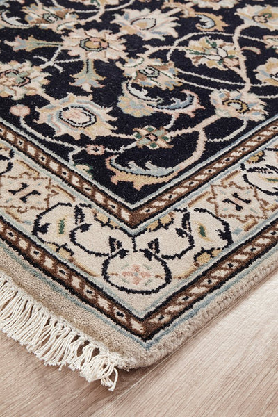 Nain Handmade Garden All Over Indo Navy Wool Runner Rug 296X79CM, Rugs Online Rugs Sydney Australia, www.rugsonlinerugs.com.au