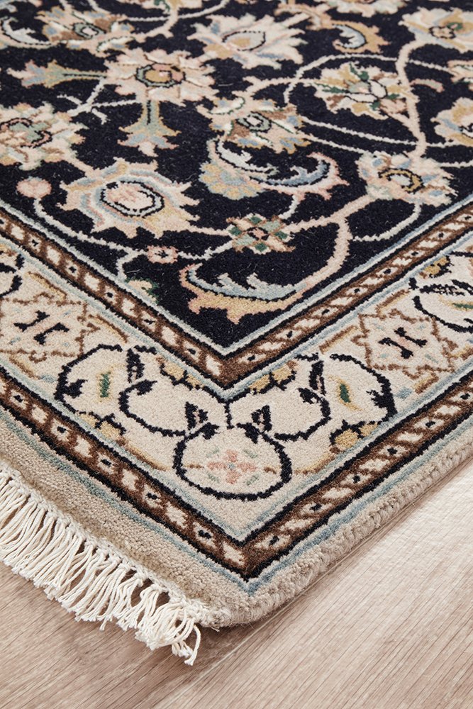 Nain Handmade Garden All Over Indo Navy Wool Runner Rug 296X79CM, Rugs Online Rugs Sydney Australia, www.rugsonlinerugs.com.au
