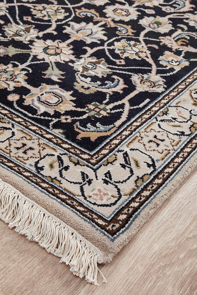 Nain Handmade Garden All Over Indo Navy Wool Runner Rug 596X77CM, Rugs Online Rugs Sydney Australia, www.rugsonlinerugs.com.au
