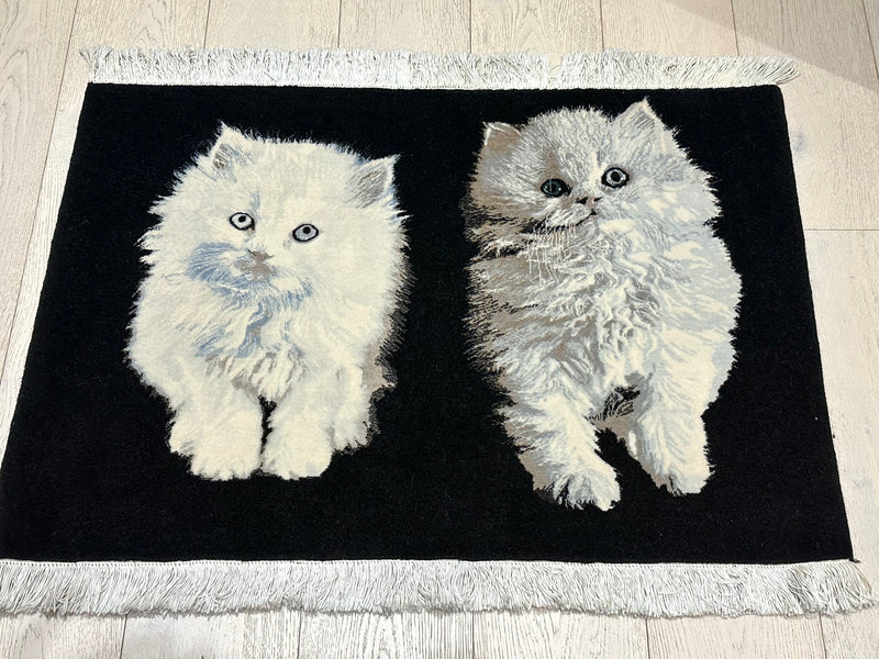 Pictorial Persian Cats Handmade Wool Rug (STK 600-4) 97X69CM, Rugs Online Rugs Sydney Australia, www.rugsonlinerugs.com.au