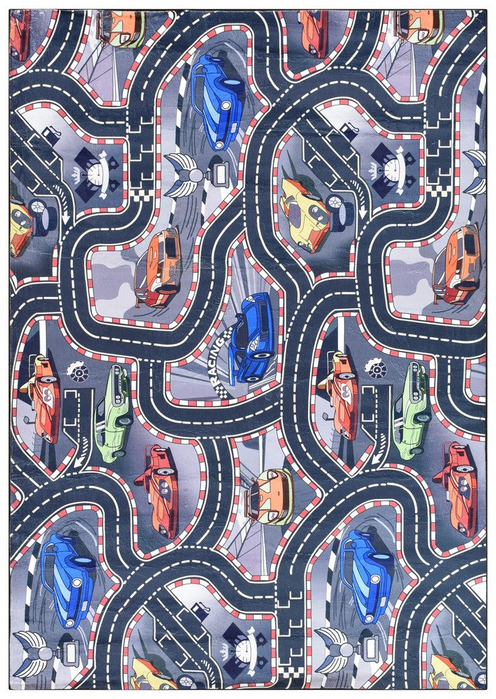 Kids Race Track Blue Play Rug