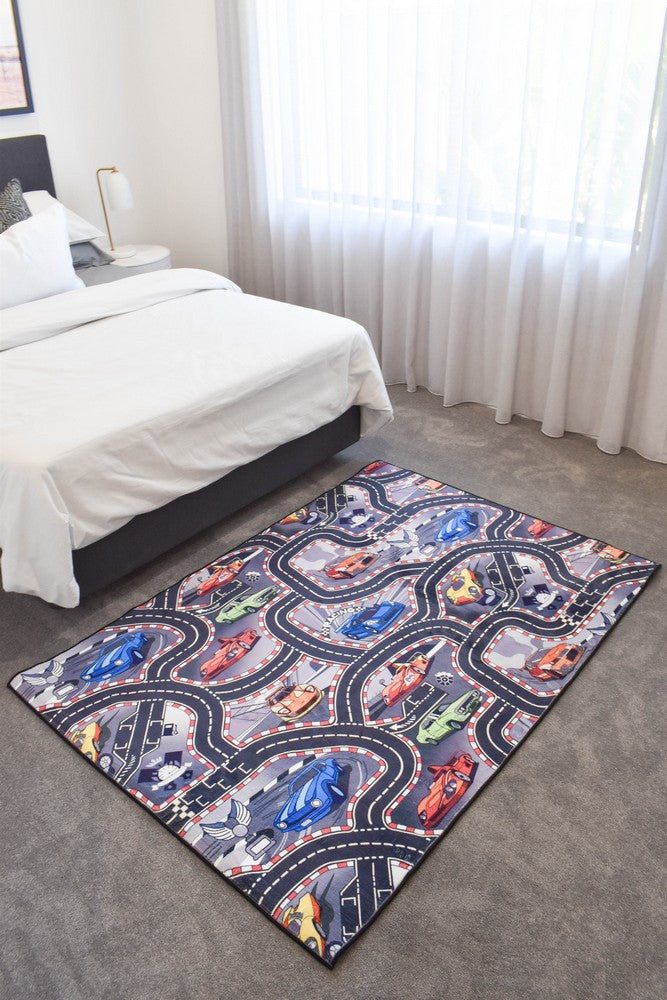 Kids Race Track Blue Play Rug