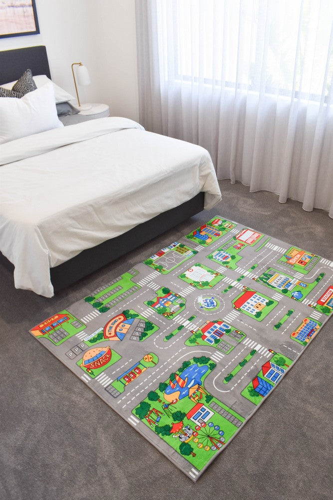 Kids City Road Map Green Play Rug