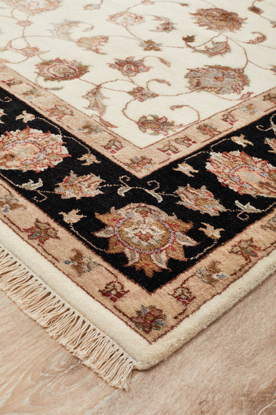 Tabriz Fine Indian Handmade Wool & Art Silk Ivory Black Rug 245X172CM, Rugs Online Rugs Sydney Australia, www.rugsonlinerugs.com.au