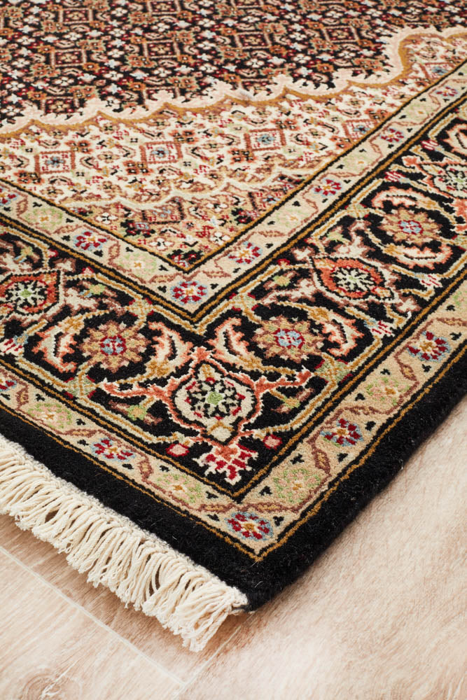 Tabriz Handmade Indian Mahi Wool Black Cream Rug 182X123CM, Rugs Online Rugs Sydney Australia, www.rugsonlinerugs.com.au