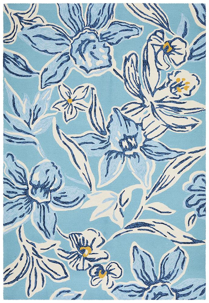 Copacabana Whimsical Blue Floral Indoor Outdoor Rug