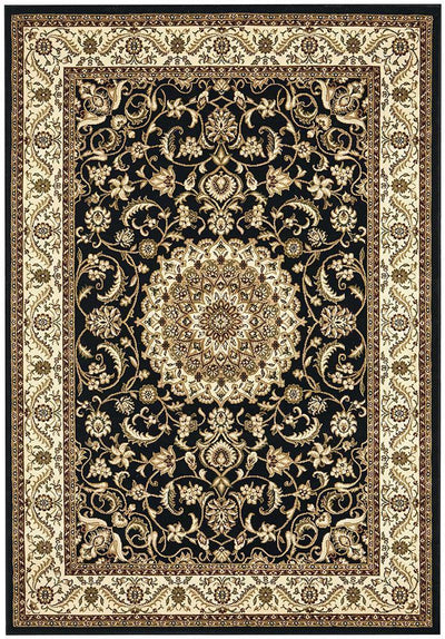 Sydney Collection Medallion Rug Black With Ivory Border